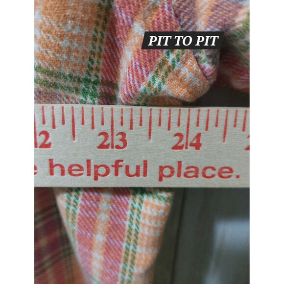NY & Co Womens Plaid Button-Down Shirt Large 100% Cotton Peach/Pink/Green - Picture 12 of 12